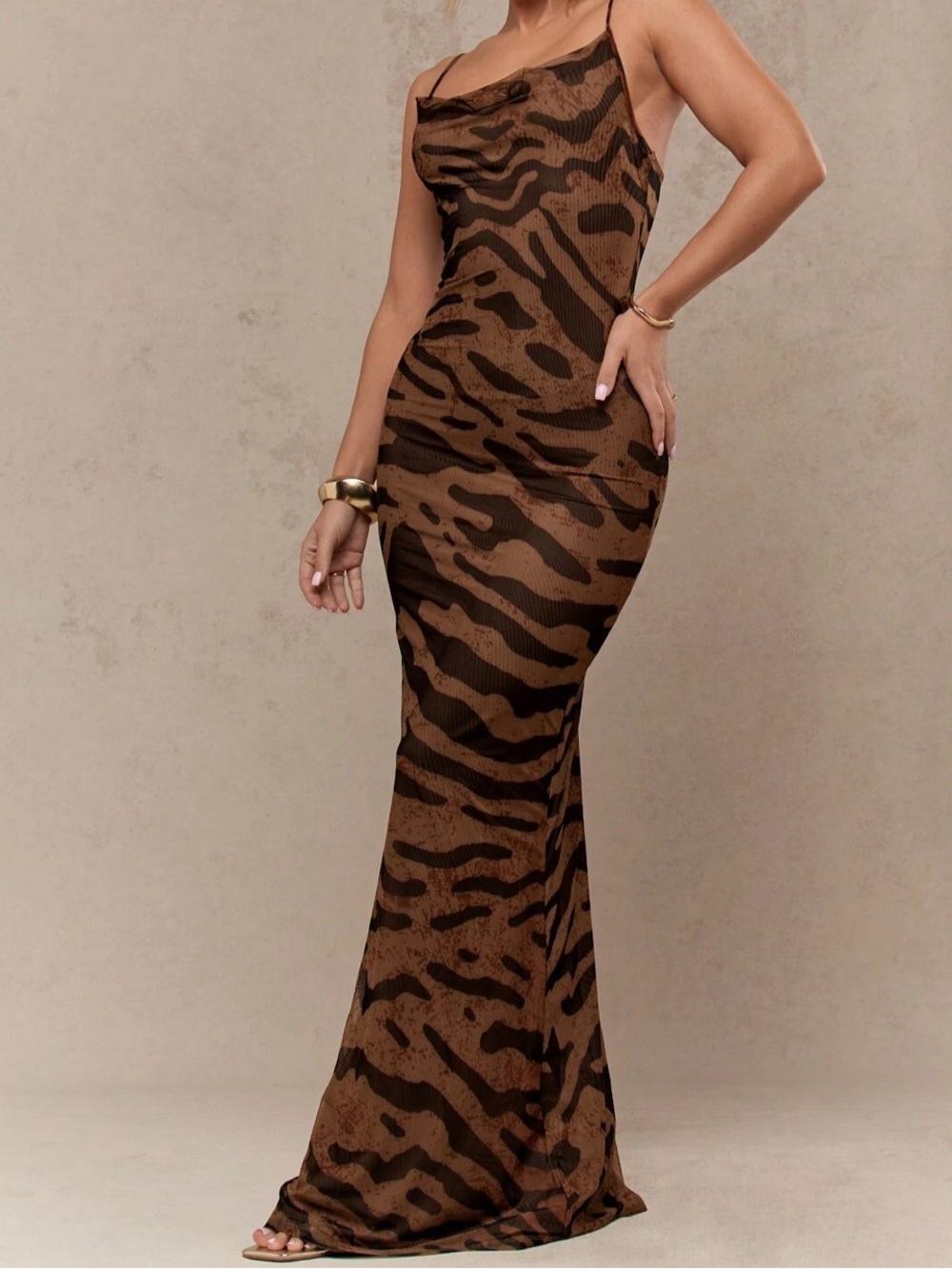 Mesh Animal-Print Slip Dress - Brown Combo - Picture 4 of 4